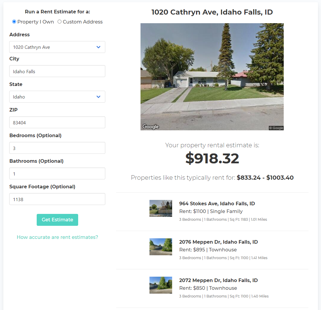 Screenshot showing a sample rent estimate for a property.
