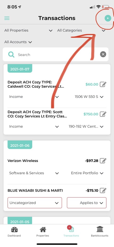 Where to find the Add Transaction button on the Mobile App