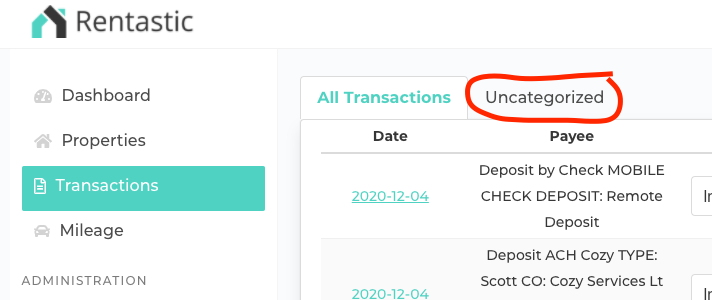 Screenshot showing the Transactions tab and where to find the Uncategorized tab to display only transactions that need to be classified