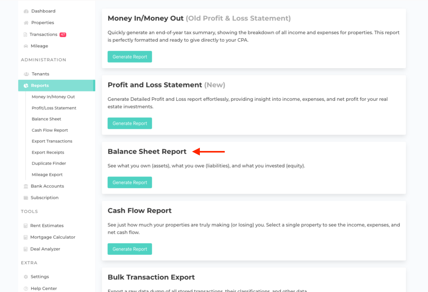 Rentastic Balance Sheet report button