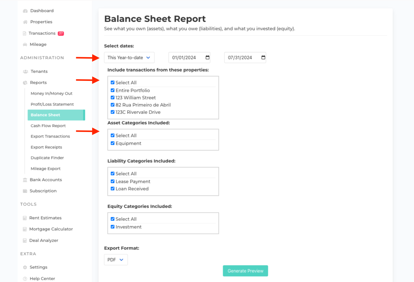 Rentastic balance sheet report settings