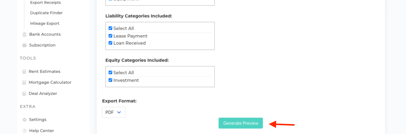 Rentastic generate report button for the balance sheet